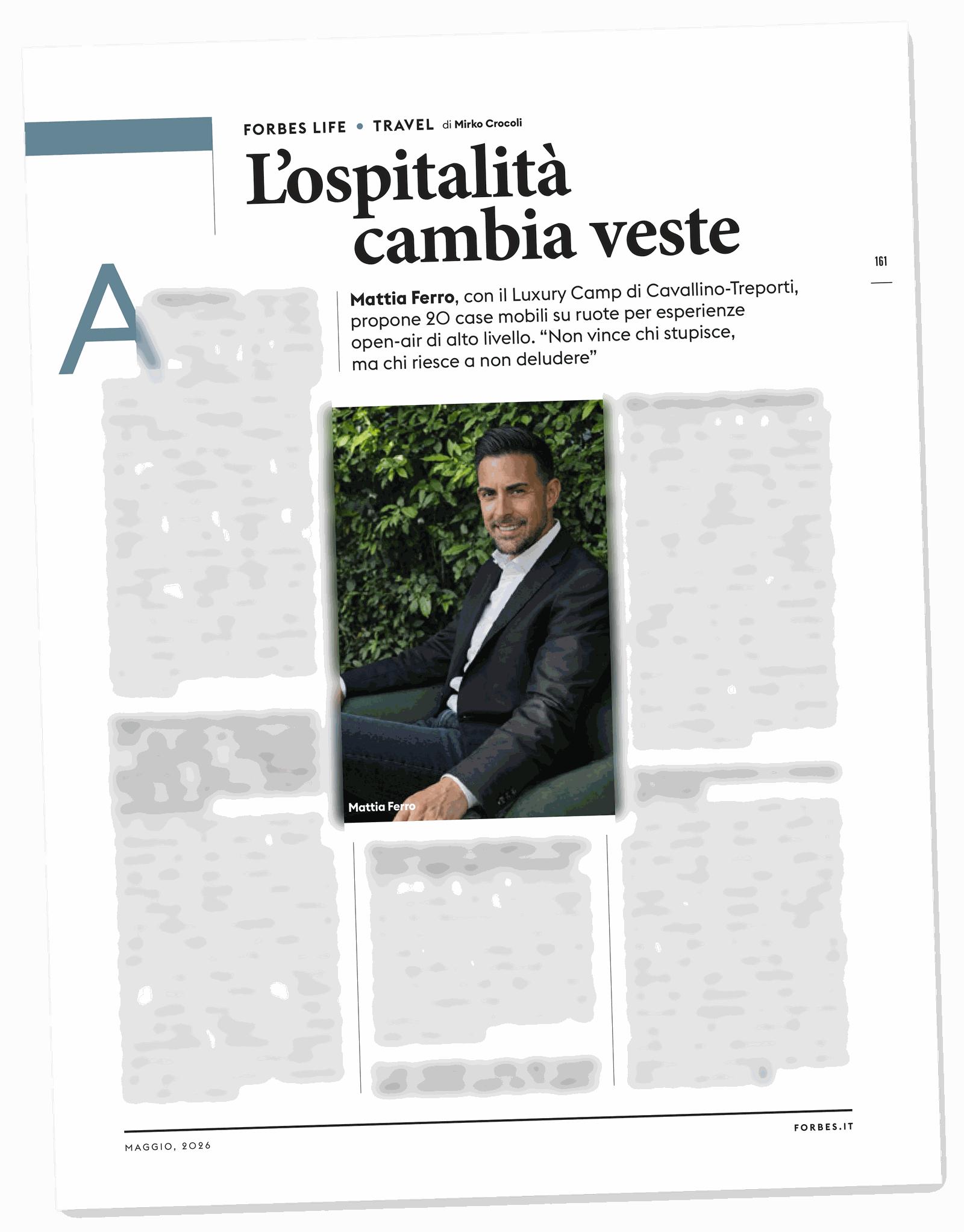 La pagina 161 di Forbes Life, maggio 2026, con l'intervista a Mattia Ferro firmata Mirko Crocoli.