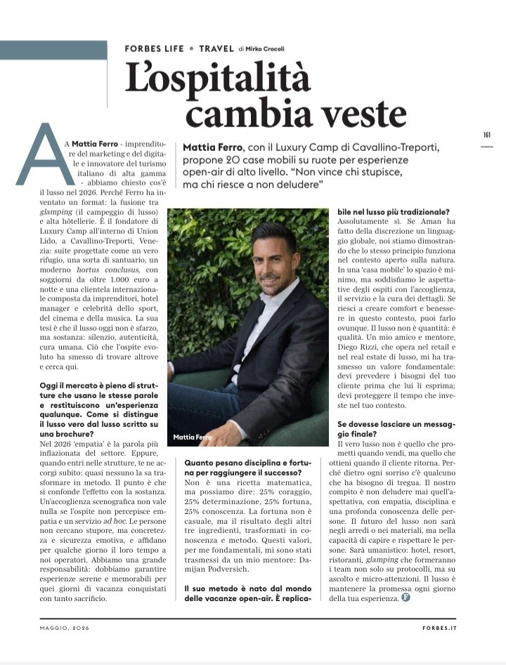 La pagina 161 di Forbes Life, maggio 2026, con l'intervista a Mattia Ferro firmata Mirko Crocoli.